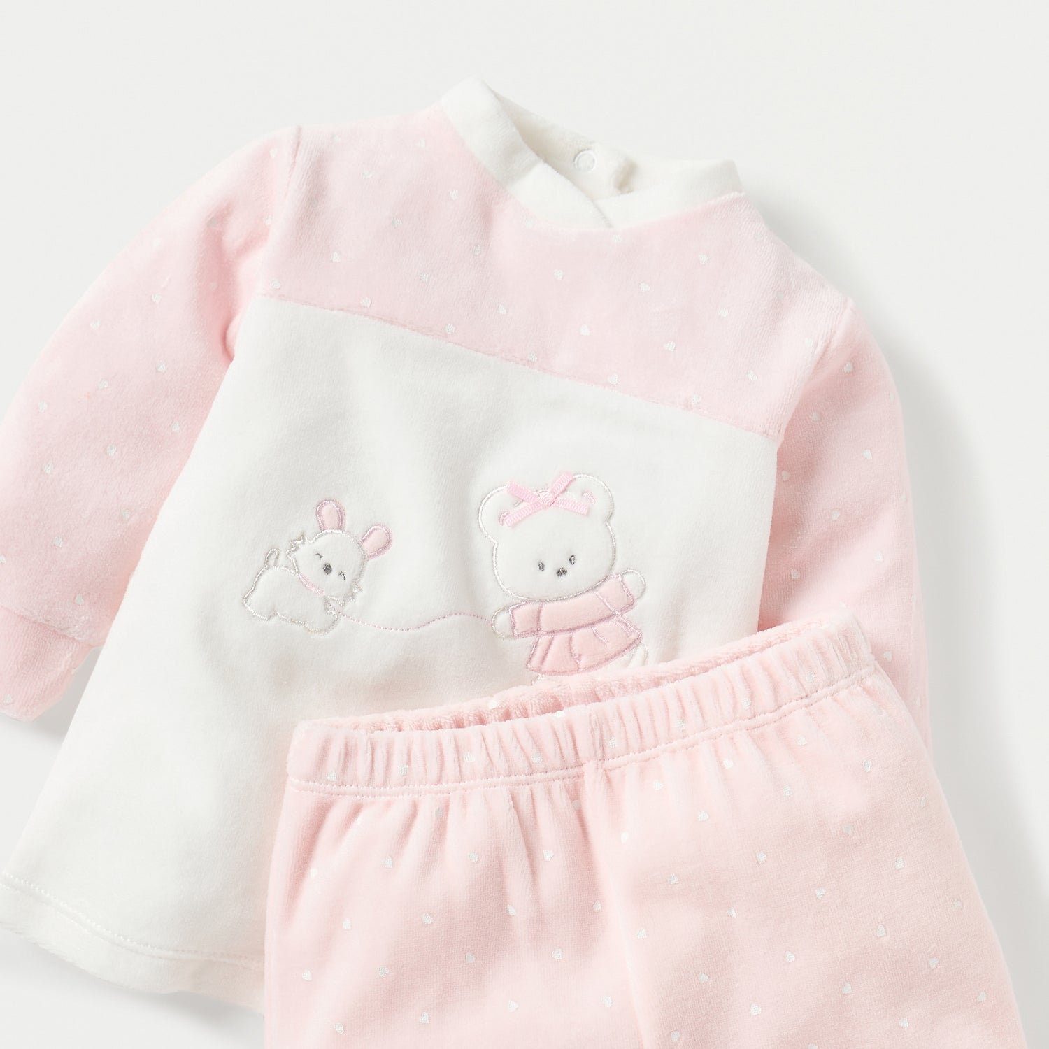 Juniors Teddy and Mouse Applique Long Sleeves Velour Sweatshirt and Pyjama Set
