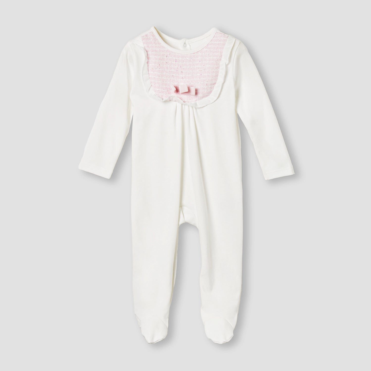 Giggles Bow Accent Closed Feet Sleepsuit with Long Sleeves - White / 12-18 mths