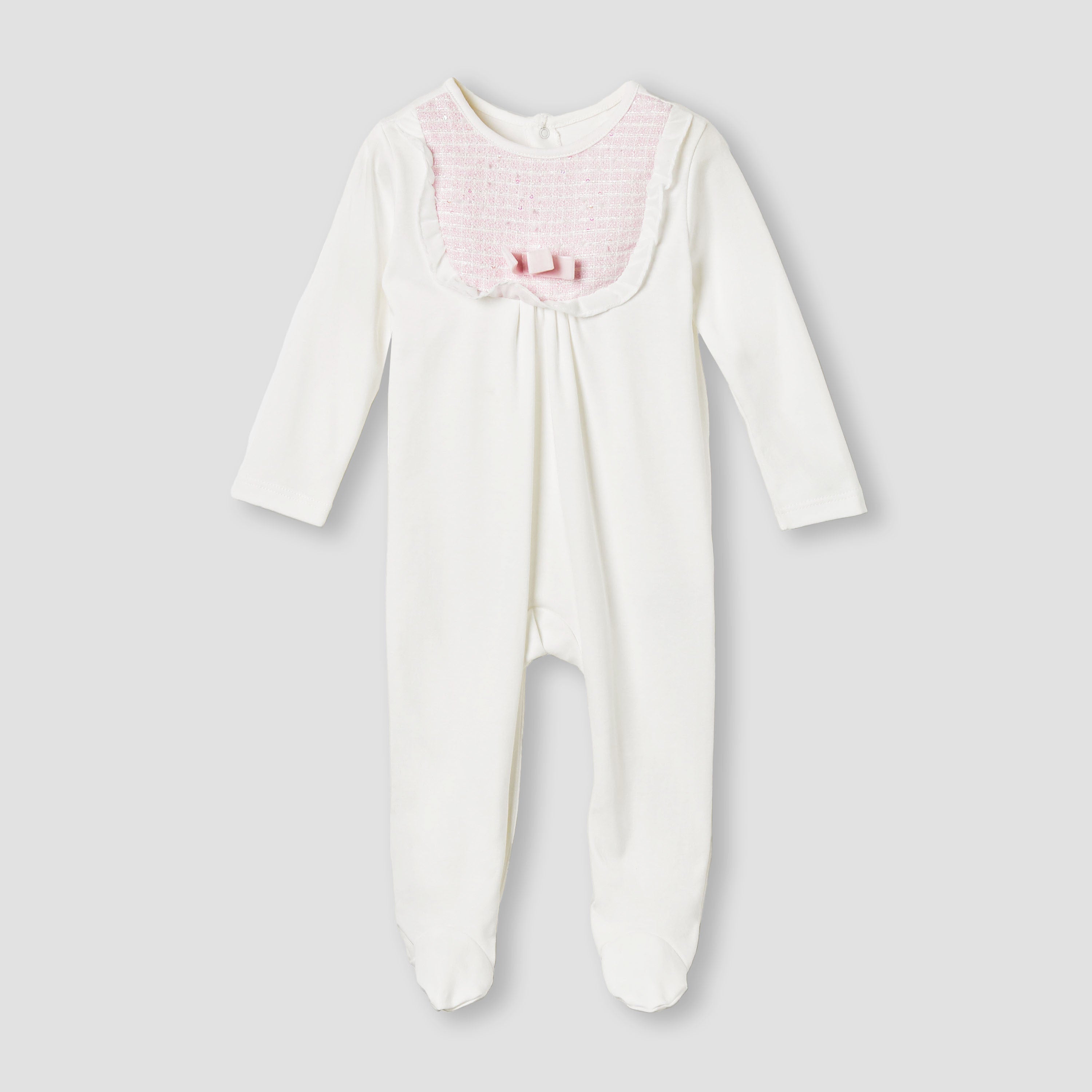 Giggles Bow Accent Closed Feet Sleepsuit with Long Sleeves - White / 12-18 mths