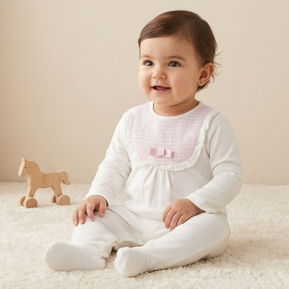 Giggles Bow Accent Closed Feet Sleepsuit with Long Sleeves - White / 12-18 mths
