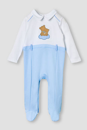 Giggles Bear Applique Collared Sleepsuit with Long Sleeves