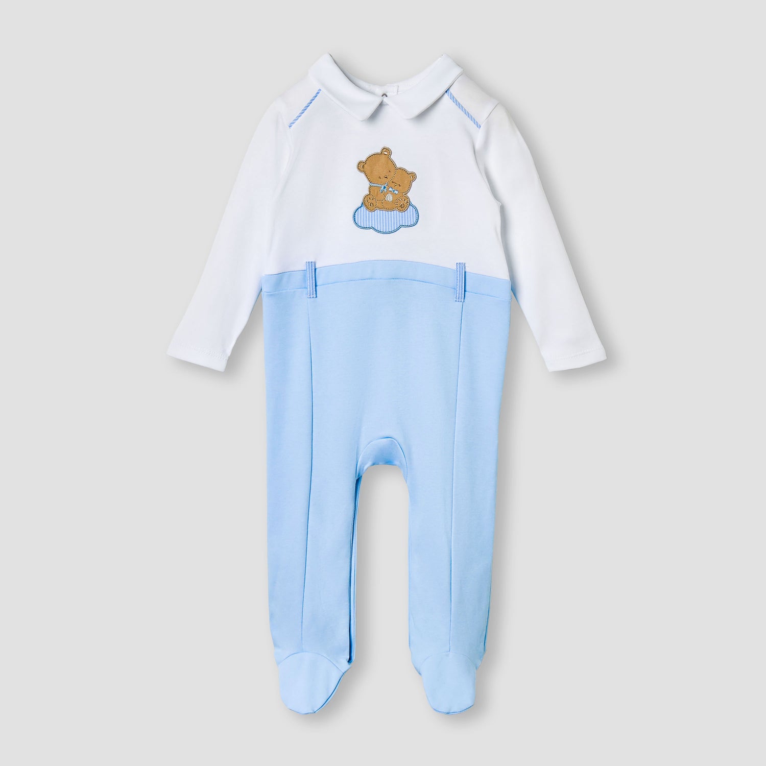 Giggles Bear Applique Collared Sleepsuit with Long Sleeves - Blue / 12-18 mths