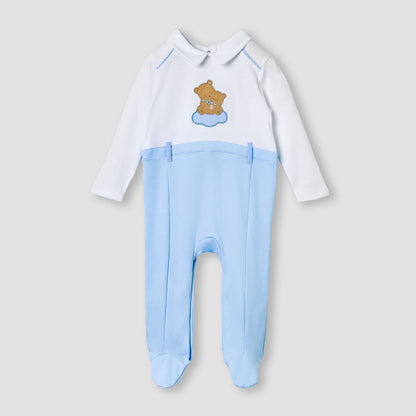 Giggles Bear Applique Collared Sleepsuit with Long Sleeves - Blue / 12-18 mths