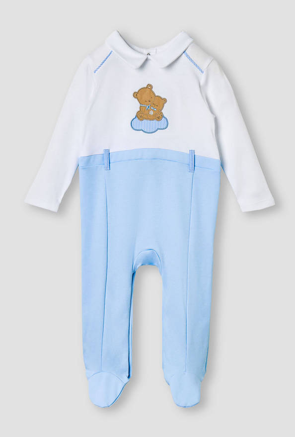 Giggles Bear Applique Collared Sleepsuit with Long Sleeves