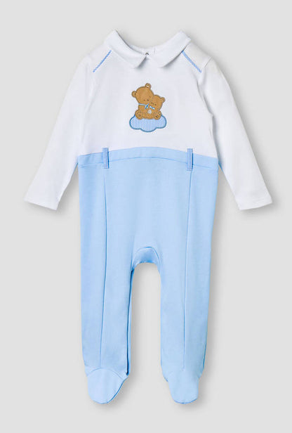 Giggles Bear Applique Collared Sleepsuit with Long Sleeves