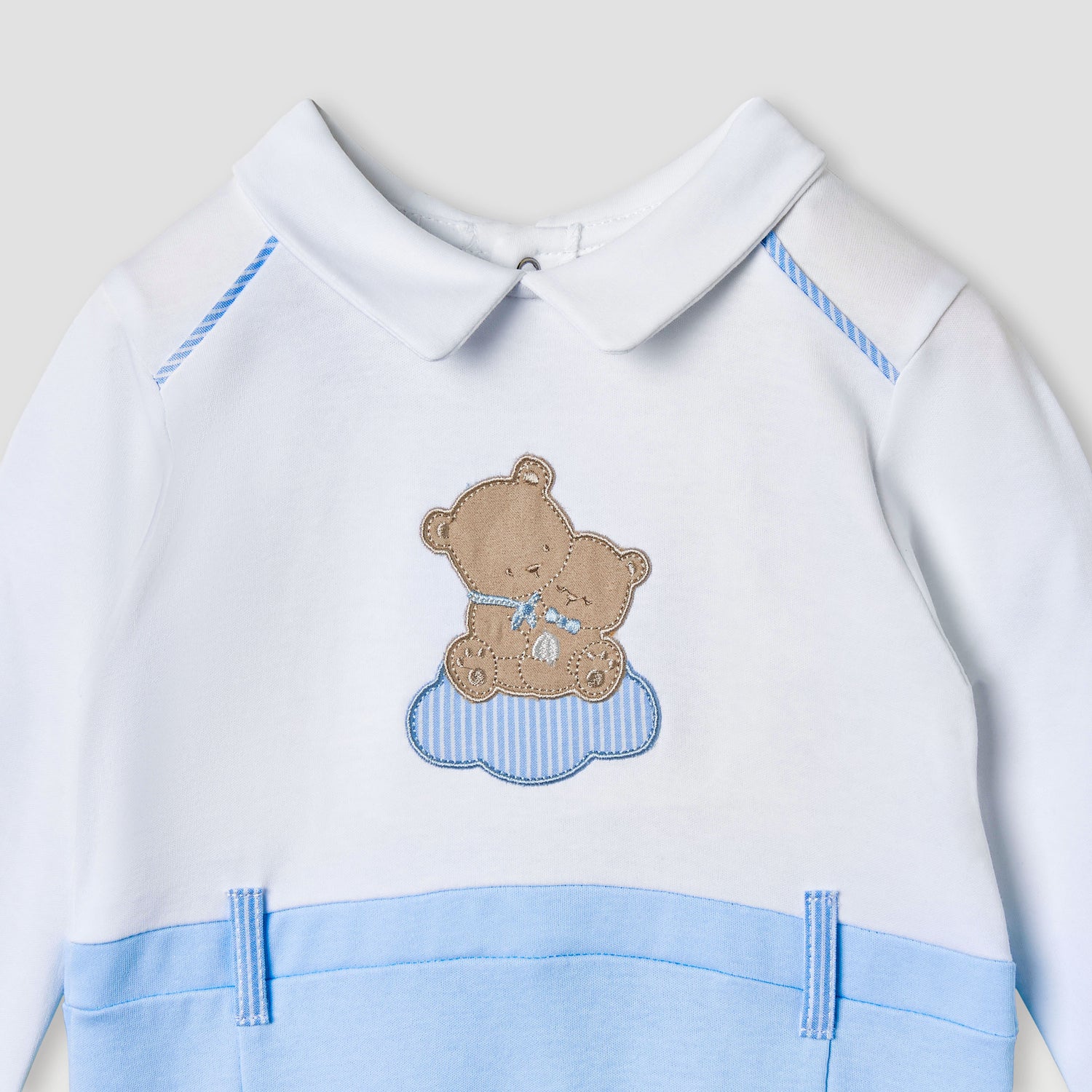 Giggles Bear Applique Collared Sleepsuit with Long Sleeves