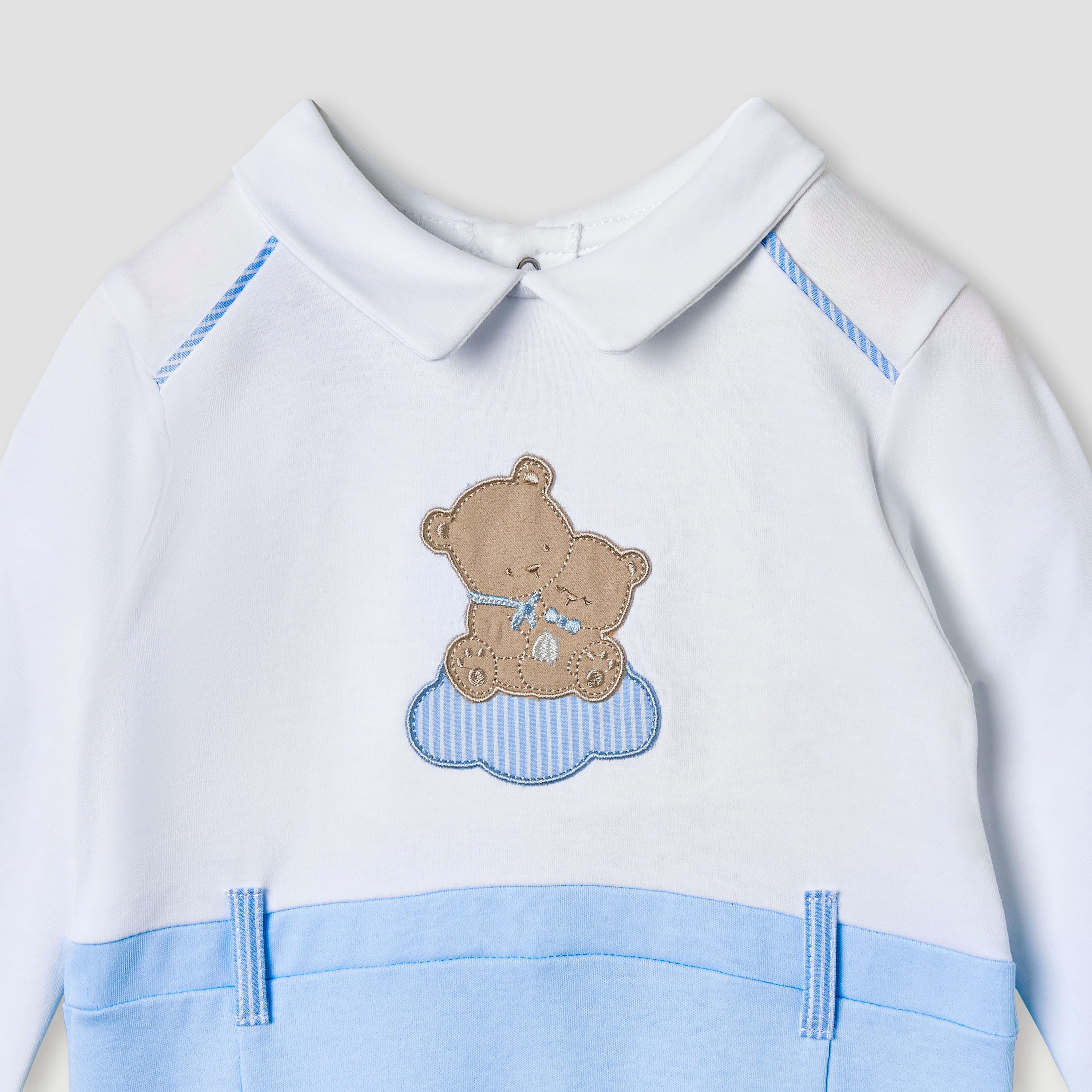Giggles Bear Applique Collared Sleepsuit with Long Sleeves