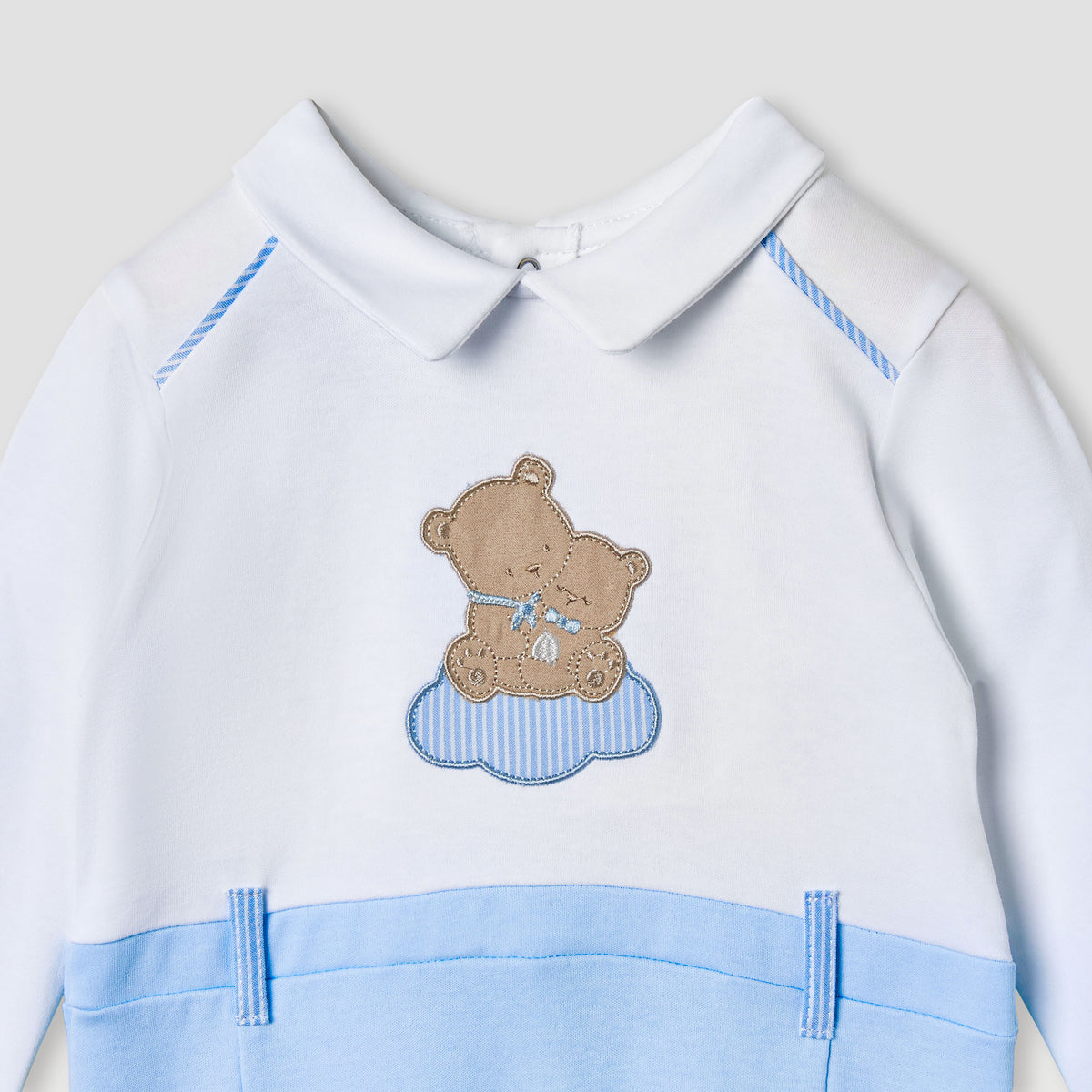 Giggles Bear Applique Collared Sleepsuit with Long Sleeves