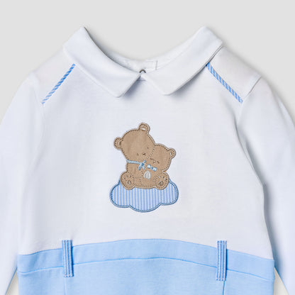 Giggles Bear Applique Collared Sleepsuit with Long Sleeves