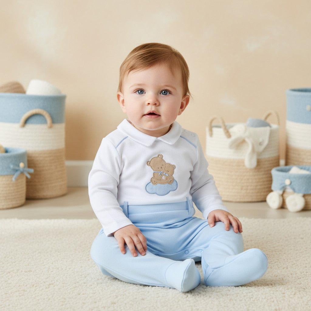 Giggles Bear Applique Collared Sleepsuit with Long Sleeves