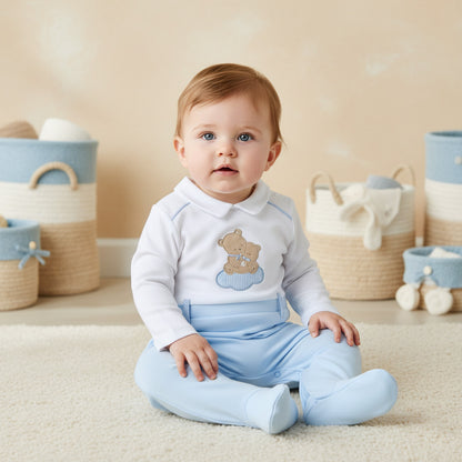 Giggles Bear Applique Collared Sleepsuit with Long Sleeves