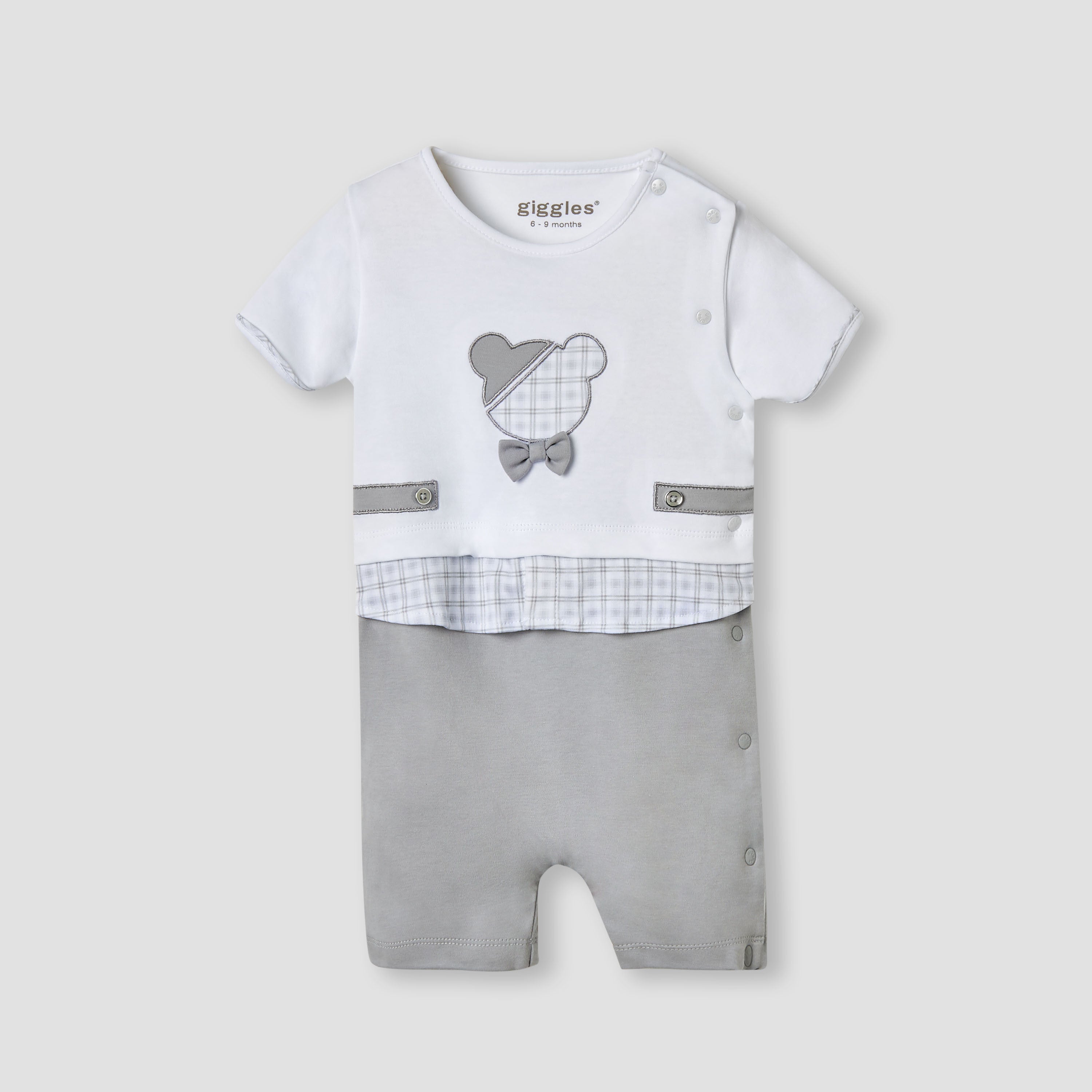 Giggles Bear Applique Romper with Short Sleeves - Grey / 12-18 mths