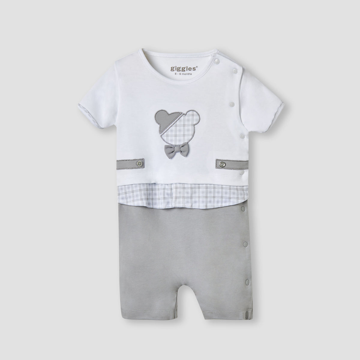 Giggles Bear Applique Romper with Short Sleeves
