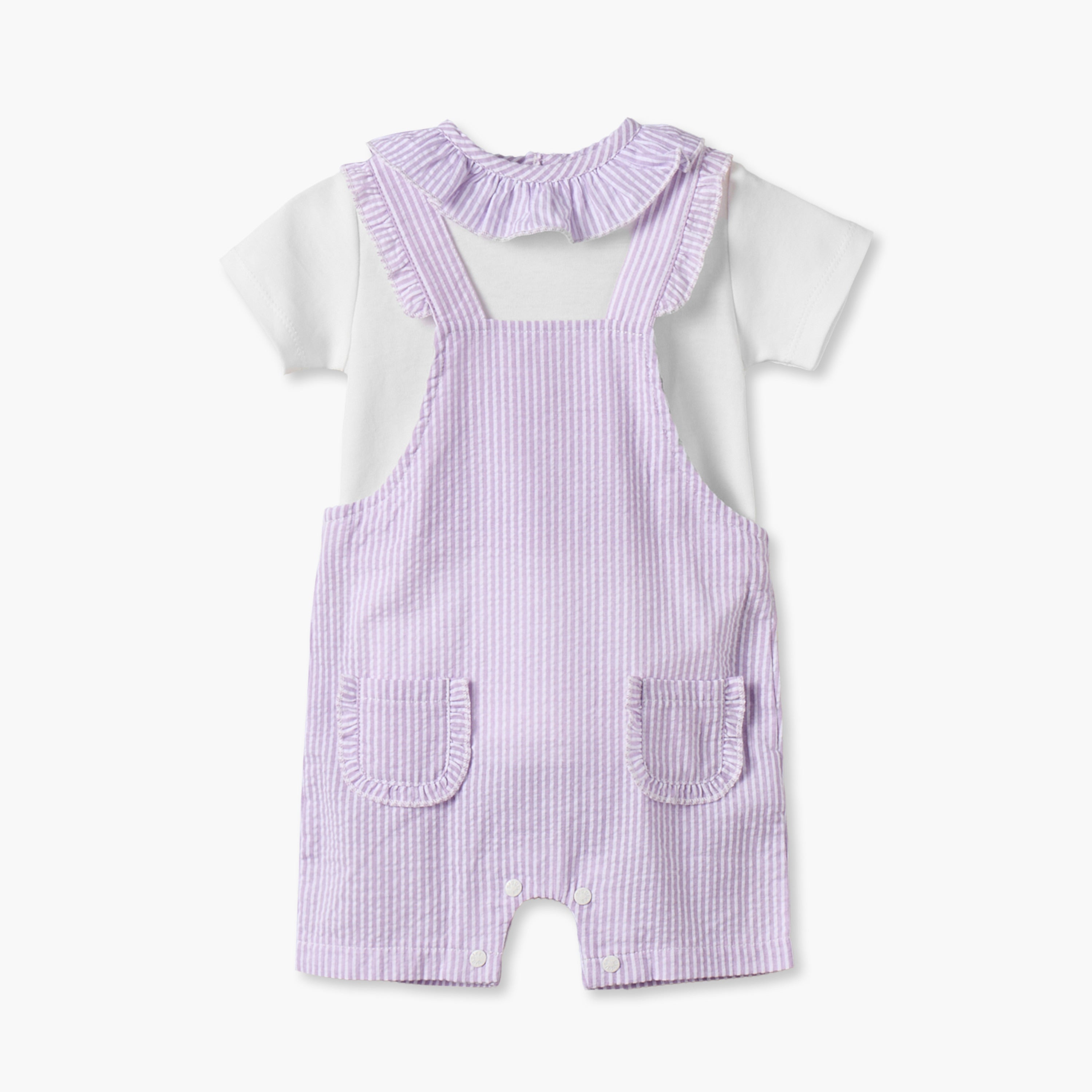 Giggles Crew Short Sleeves Top and Dungaree Set with Stripes - Purple / 12-18 mths