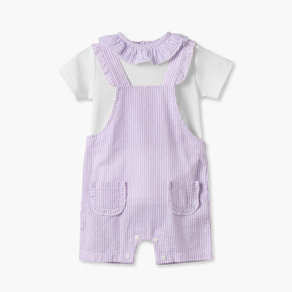 Giggles Crew Short Sleeves Top and Dungaree Set with Stripes - Purple / 12-18 mths