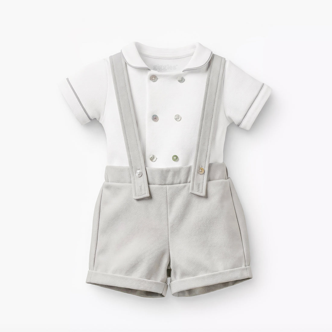 Giggles Peter Pan Collar Short Sleeves T-shirt and Dungaree Set with Button Detail