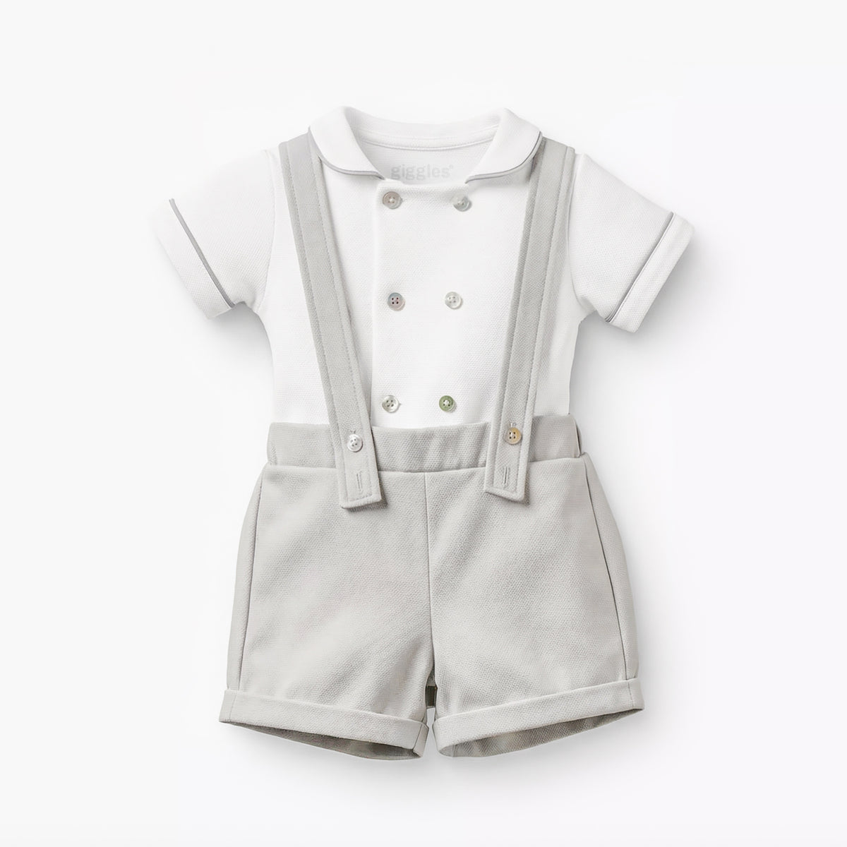Giggles Peter Pan Collar Short Sleeves T-shirt and Dungaree Set with Button Detail
