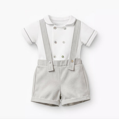 Giggles Peter Pan Collar Short Sleeves T-shirt and Dungaree Set with Button Detail