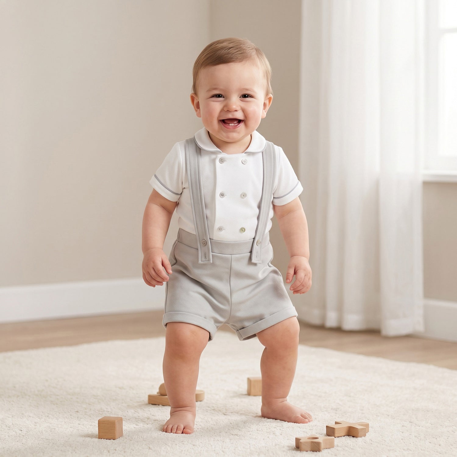 Giggles Peter Pan Collar Short Sleeves T-shirt and Dungaree Set with Button Detail