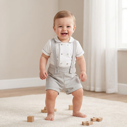 Giggles Peter Pan Collar Short Sleeves T-shirt and Dungaree Set with Button Detail