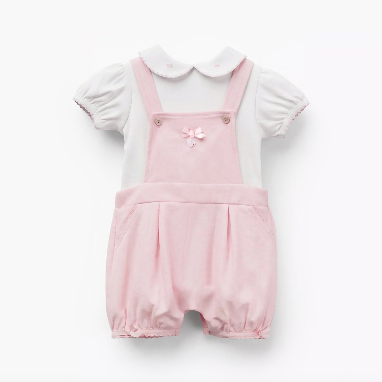 Giggles Peter Pan Collar Short Sleeves T-shirt and Dungaree Set with Embroidery - Pink / 12-18 mths