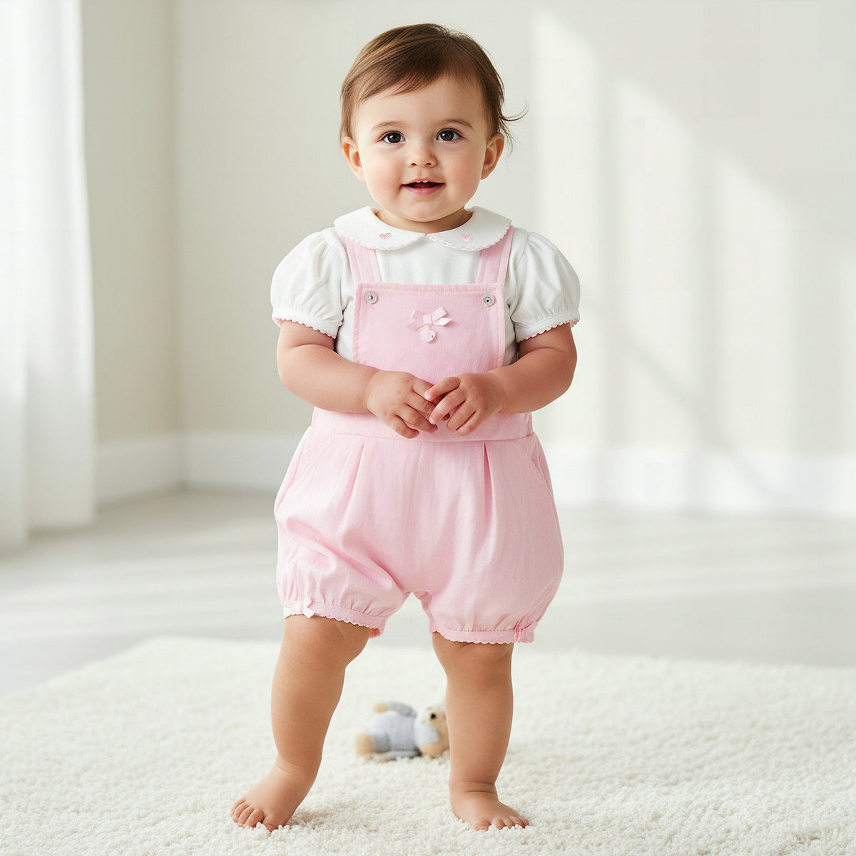 Giggles Peter Pan Collar Short Sleeves T-shirt and Dungaree Set with Embroidery