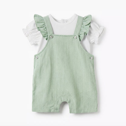 Giggles Crew Neck Short Sleeves T-shirt and Dungaree Set with Ruffle Detail