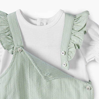 Giggles Crew Neck Short Sleeves T-shirt and Dungaree Set with Ruffle Detail