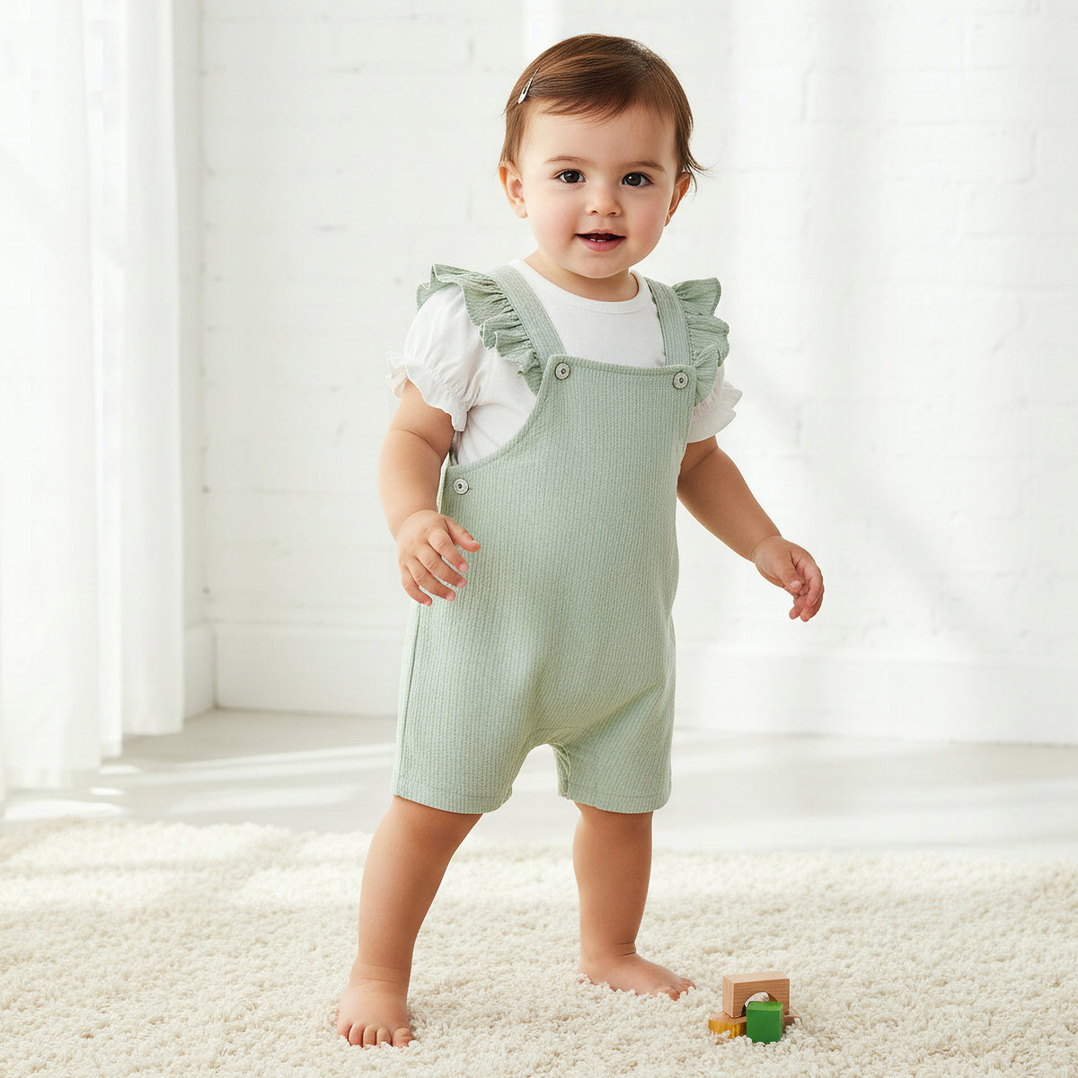 Giggles Crew Neck Short Sleeves T-shirt and Dungaree Set with Ruffle Detail