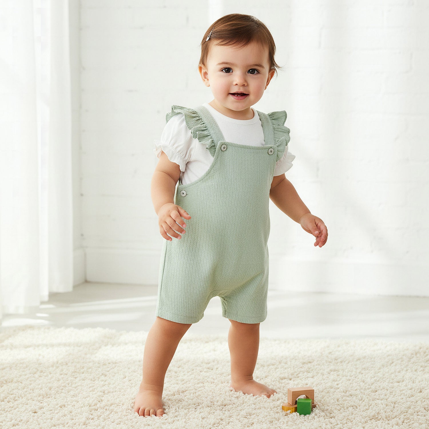 Giggles Crew Neck Short Sleeves T-shirt and Dungaree Set with Ruffle Detail