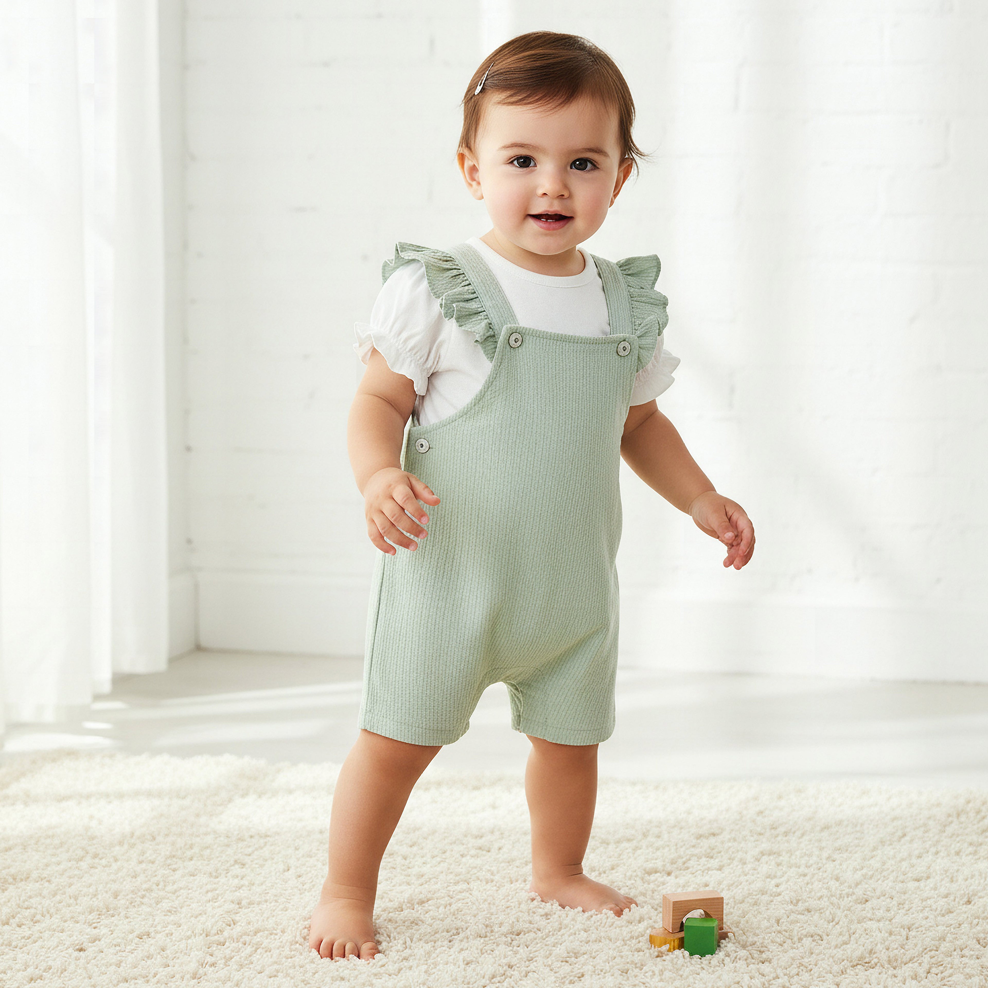 Giggles Crew Neck Short Sleeves T-shirt and Dungaree Set with Ruffle Detail