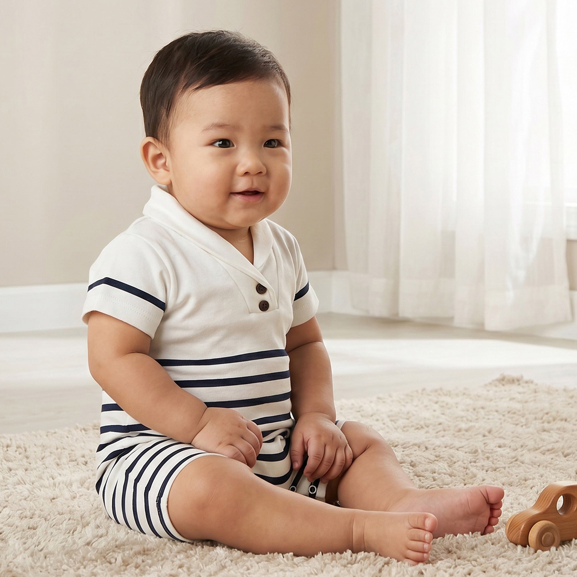 Giggles Collared Short Sleeves Romper with Striped Design - White / 12-18 mths