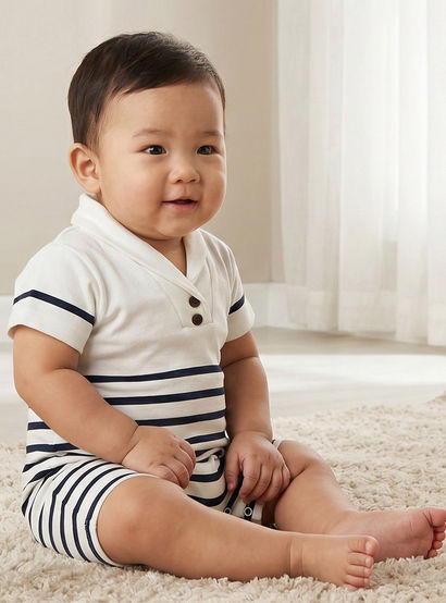 Giggles Collared Short Sleeves Romper with Striped Design-baby-boys-clothing-rompers-image-1