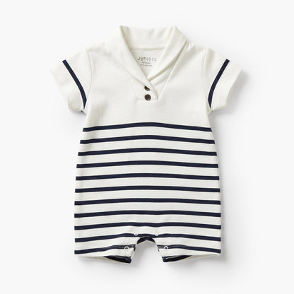 Giggles Collared Short Sleeves Romper with Striped Design