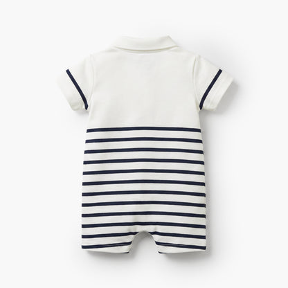 Giggles Collared Short Sleeves Romper with Striped Design