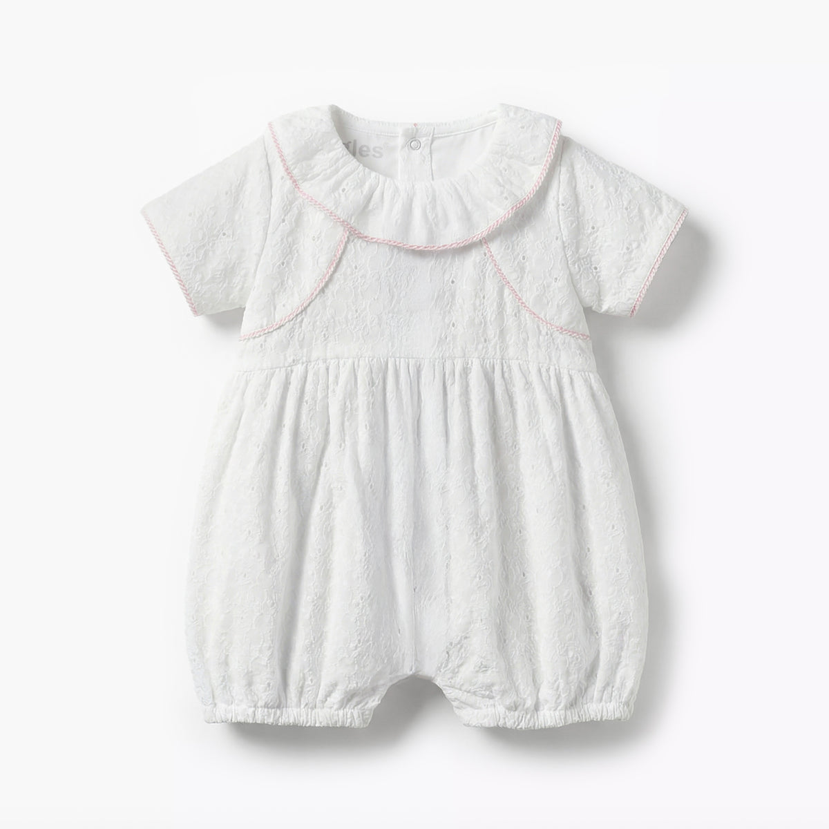 Giggles Ruffle Collar Short Sleeves Romper with Embroidery Detail