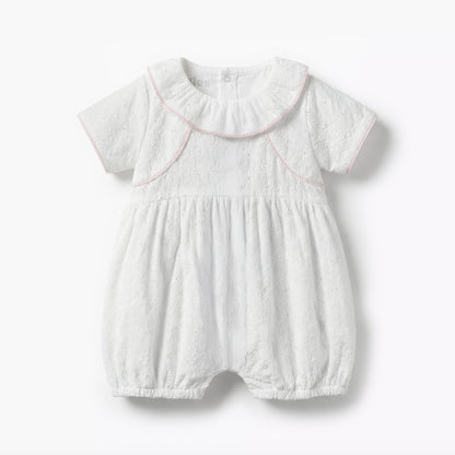 Giggles Ruffle Collar Short Sleeves Romper with Embroidery Detail