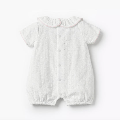 Giggles Ruffle Collar Short Sleeves Romper with Embroidery Detail