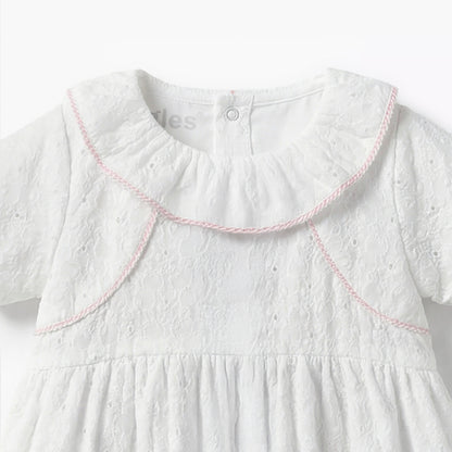 Giggles Ruffle Collar Short Sleeves Romper with Embroidery Detail