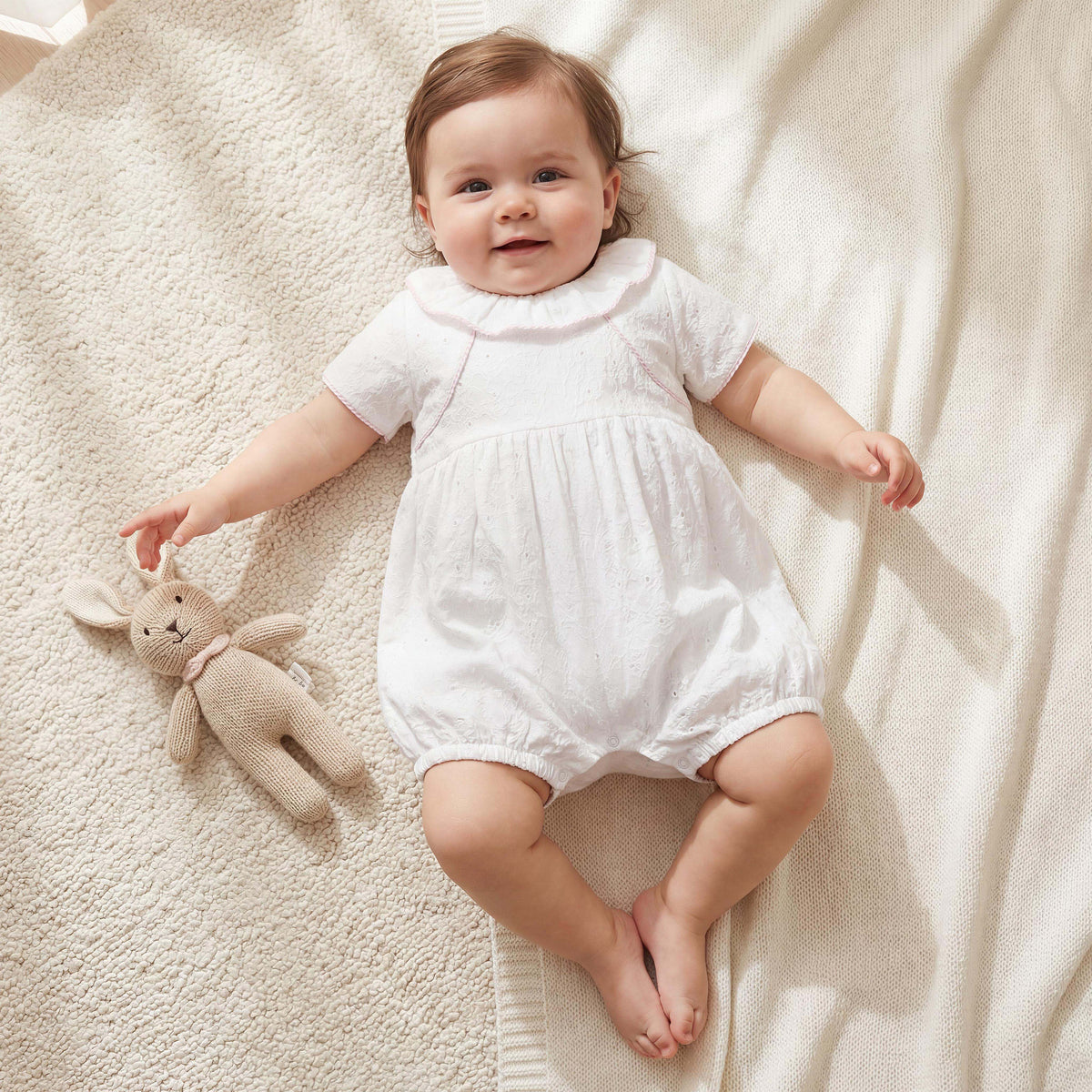 Giggles Ruffle Collar Short Sleeves Romper with Embroidery Detail