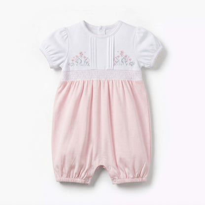 Giggles Short Sleeves Romper with Floral Embroidery