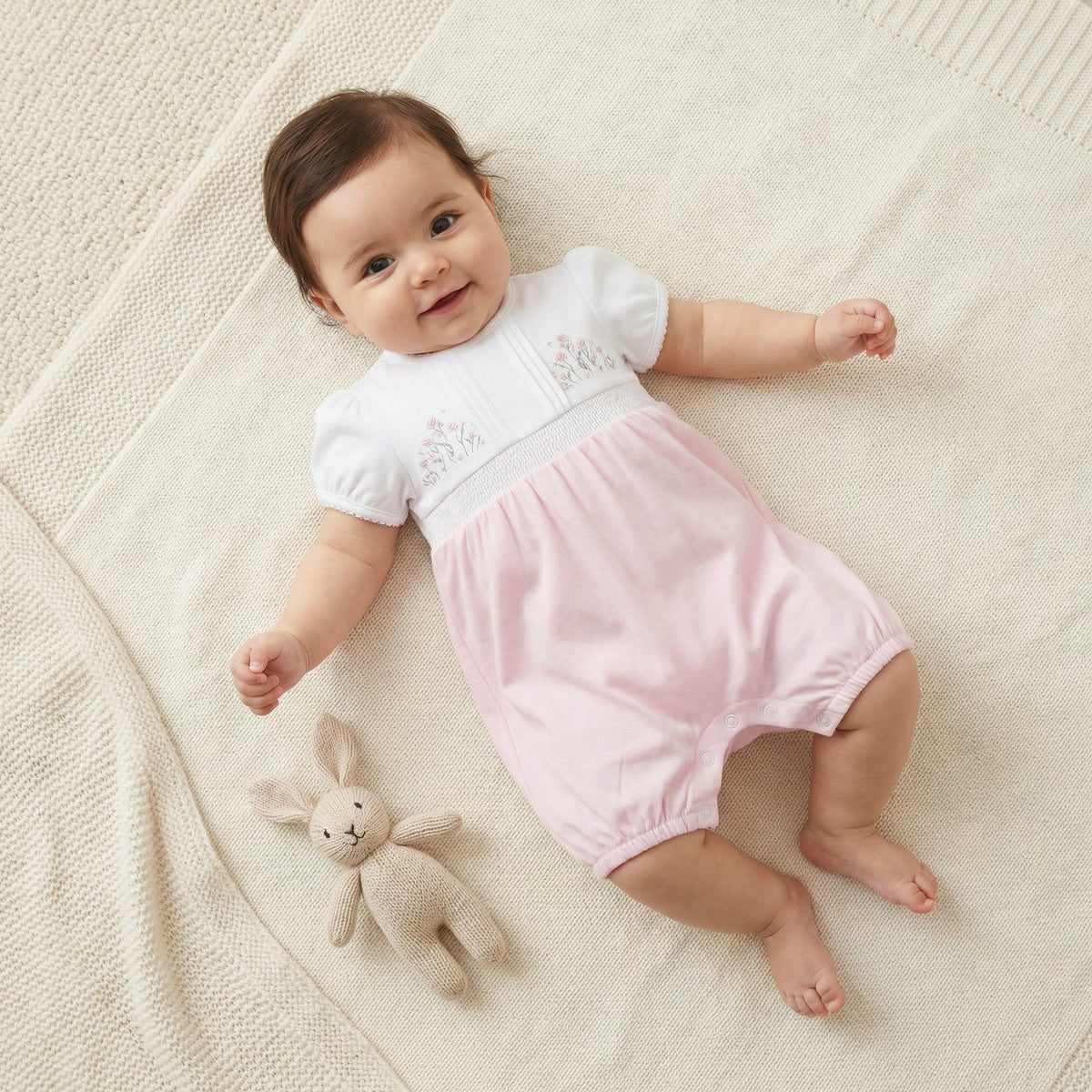 Giggles Short Sleeves Romper with Floral Embroidery