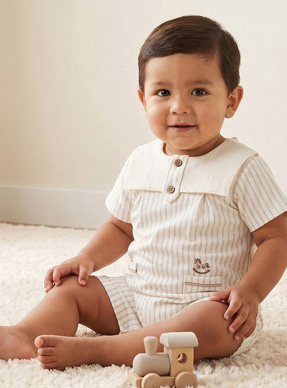 Giggles Collared Short Sleeves Romper with Striped Design-baby-boys-clothing-rompers-image-1