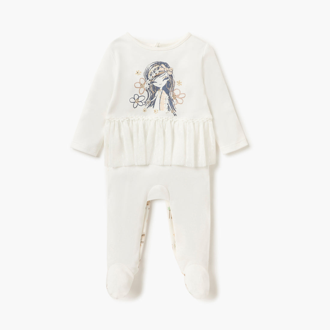 Juniors Printed Closed Feet Sleepsuit with Button Closure and Long Sleeves - Cream / 12-18 mths