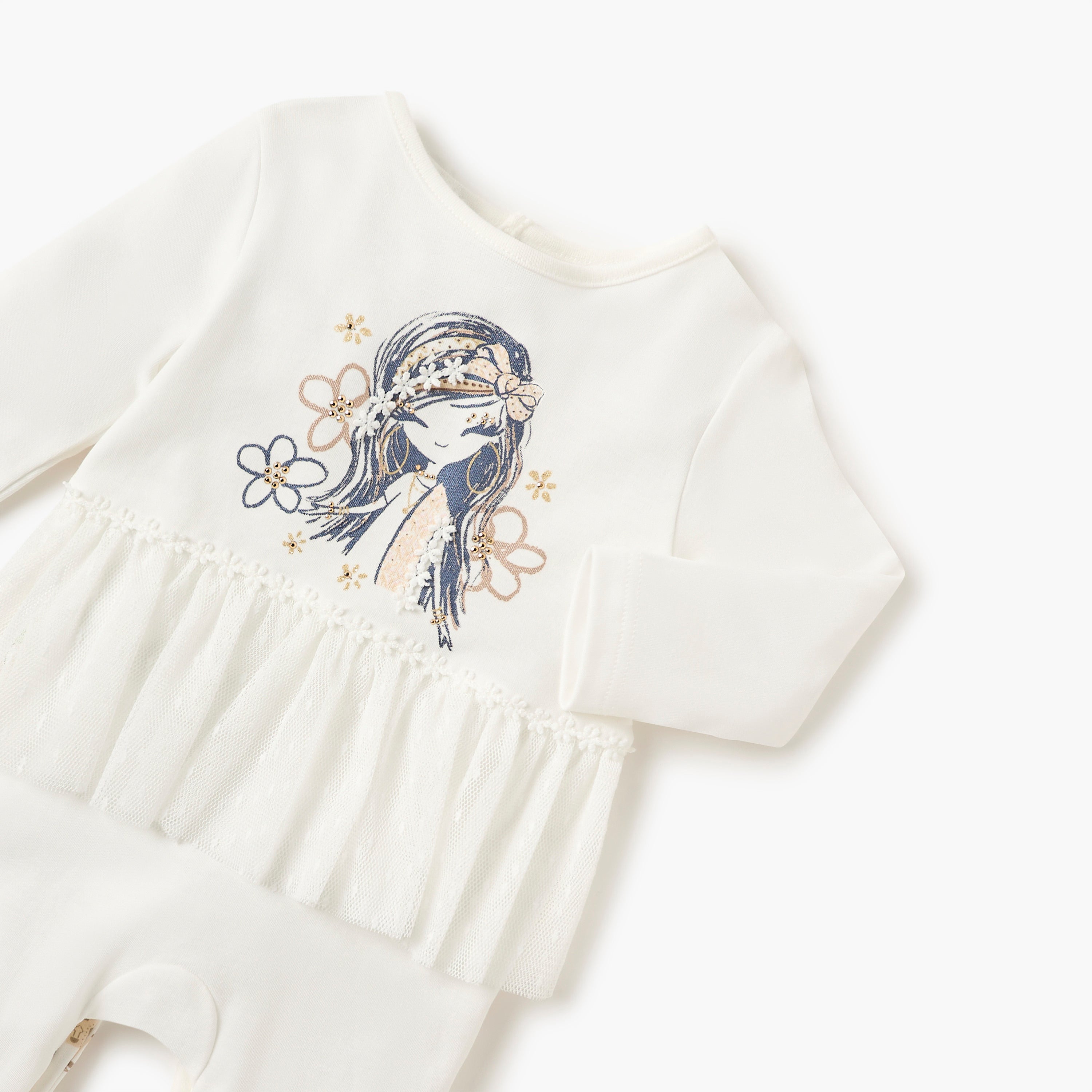 Juniors Printed Closed Feet Sleepsuit with Button Closure and Long Sleeves