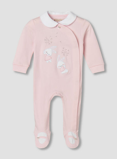 Giggles Supima Cotton Peter Pan Collar Long Sleeves Sleepsuit with Bunny Embroidery-baby-girls-clothing-nightwear-sleepsuits-image-1