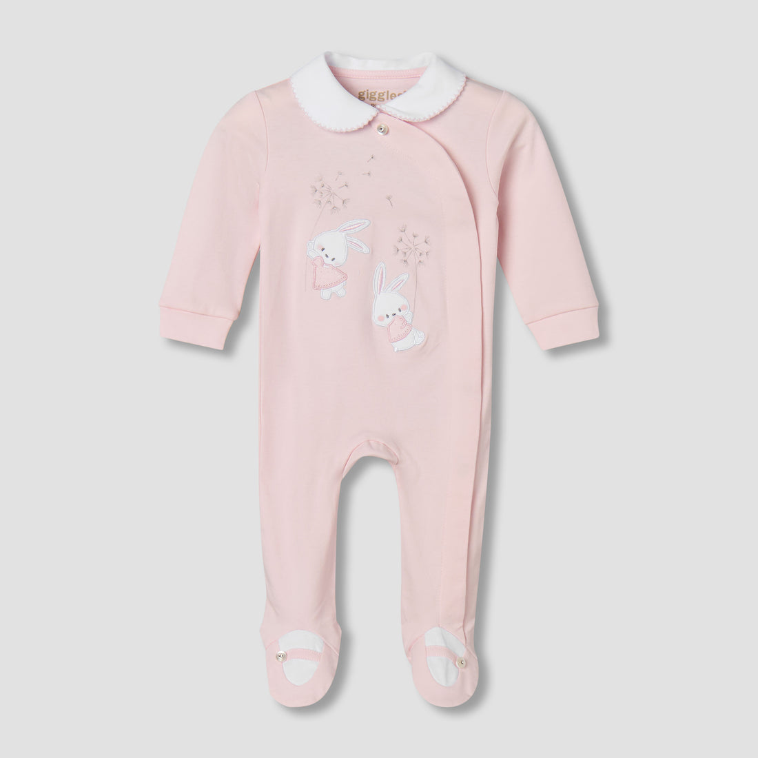 Giggles Supima Cotton Peter Pan Collar Long Sleeves Sleepsuit with Bunny Embroidery - Pink / 12-18 mths