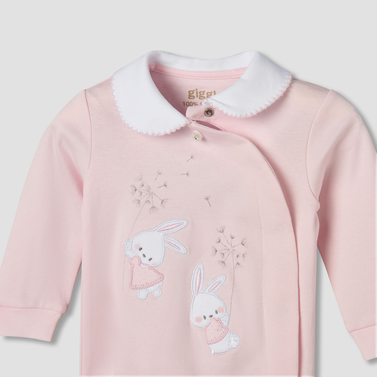 Giggles Supima Cotton Peter Pan Collar Long Sleeves Sleepsuit with Bunny Embroidery