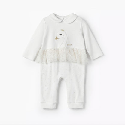 Giggles Cotton Peter Pan Collar Long Sleeves Sleepsuit with Swan Embroidery - White / 12-18 mths