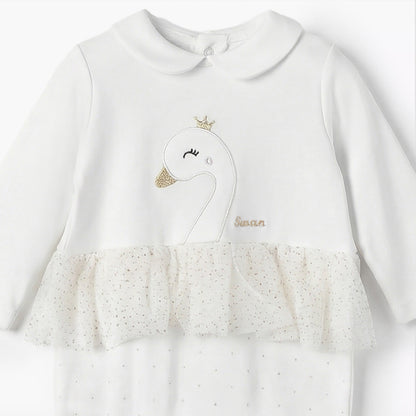 Giggles Cotton Peter Pan Collar Long Sleeves Sleepsuit with Swan Embroidery